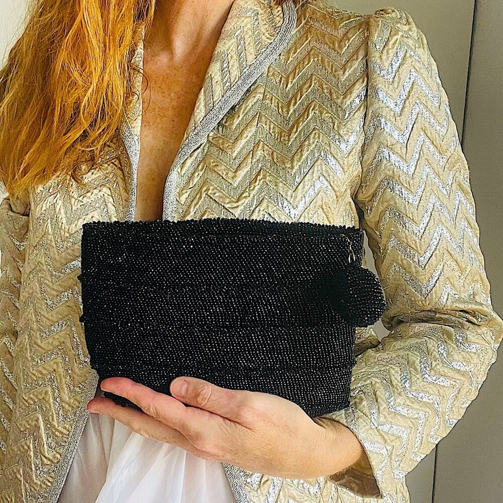 Vintage 1940s Beaded Clutch glass Beads Black Shiny Sparkle Holiday